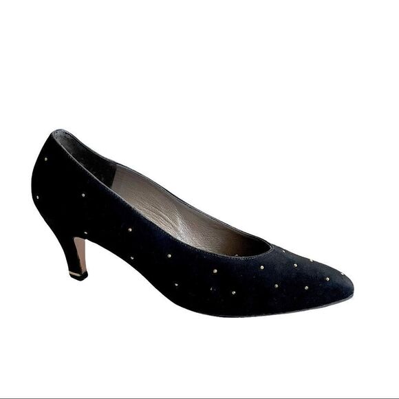 THOMAS WALLACE Vintage Suede Pointy Toe Pumps Heels Stud Detail Black 9 - Picture 1 of 15